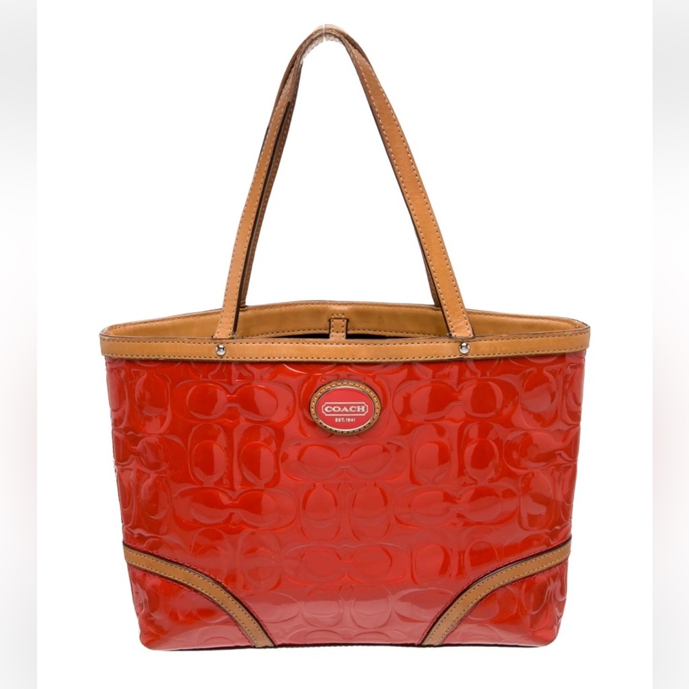 Coach Orange Patent Tote with Top Handle Tan Leather Trim